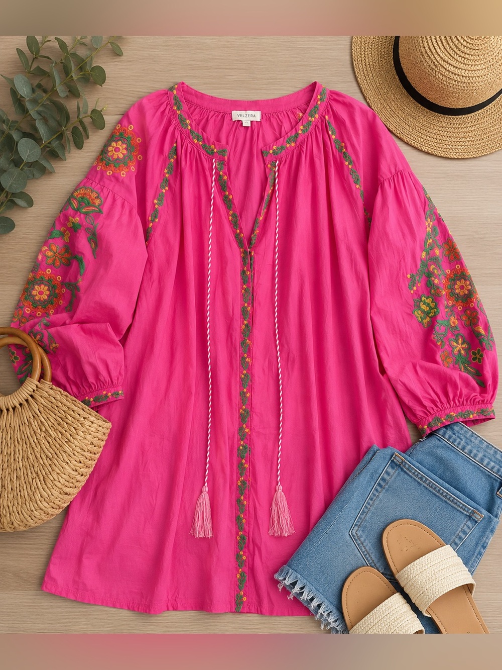 Velzera Embroidered Boho Dress 100% Cotton Tassel Tie Anthropologie Style 1XL